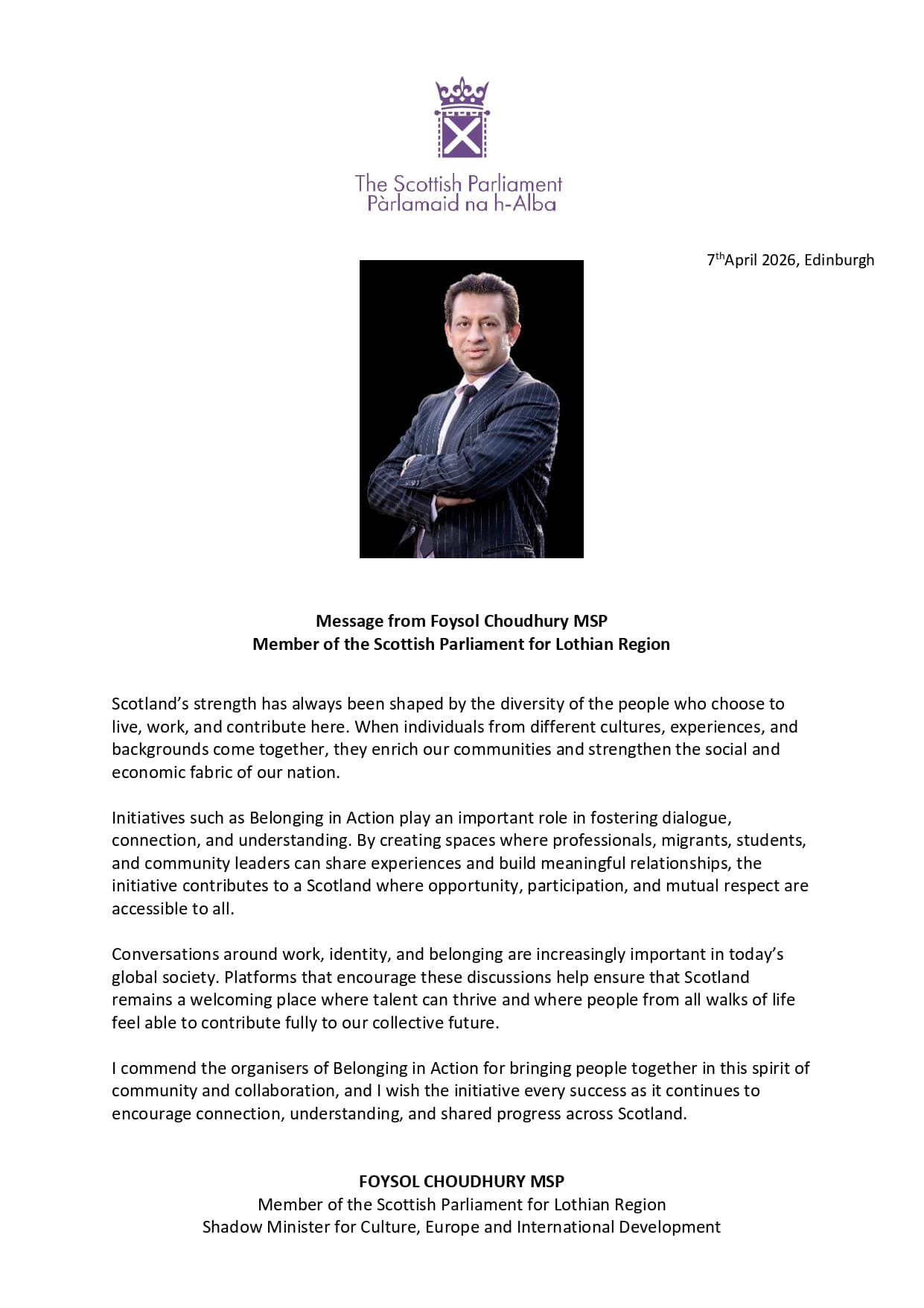 Message of Support from Foysol Choudhury MSP